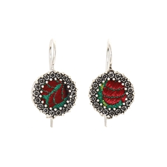 Orecchini d´argento con corona di rose in filigrana e broccato verde