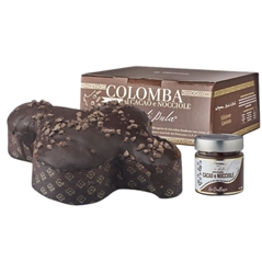 Colomba ricoperta di cioccolato fondente e pepite di Modica I.G.P. con vasetto di crema cacao noccio