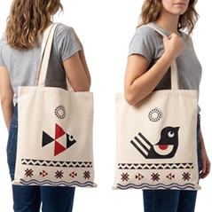 borsa in tela con pavoncella e pesciolino